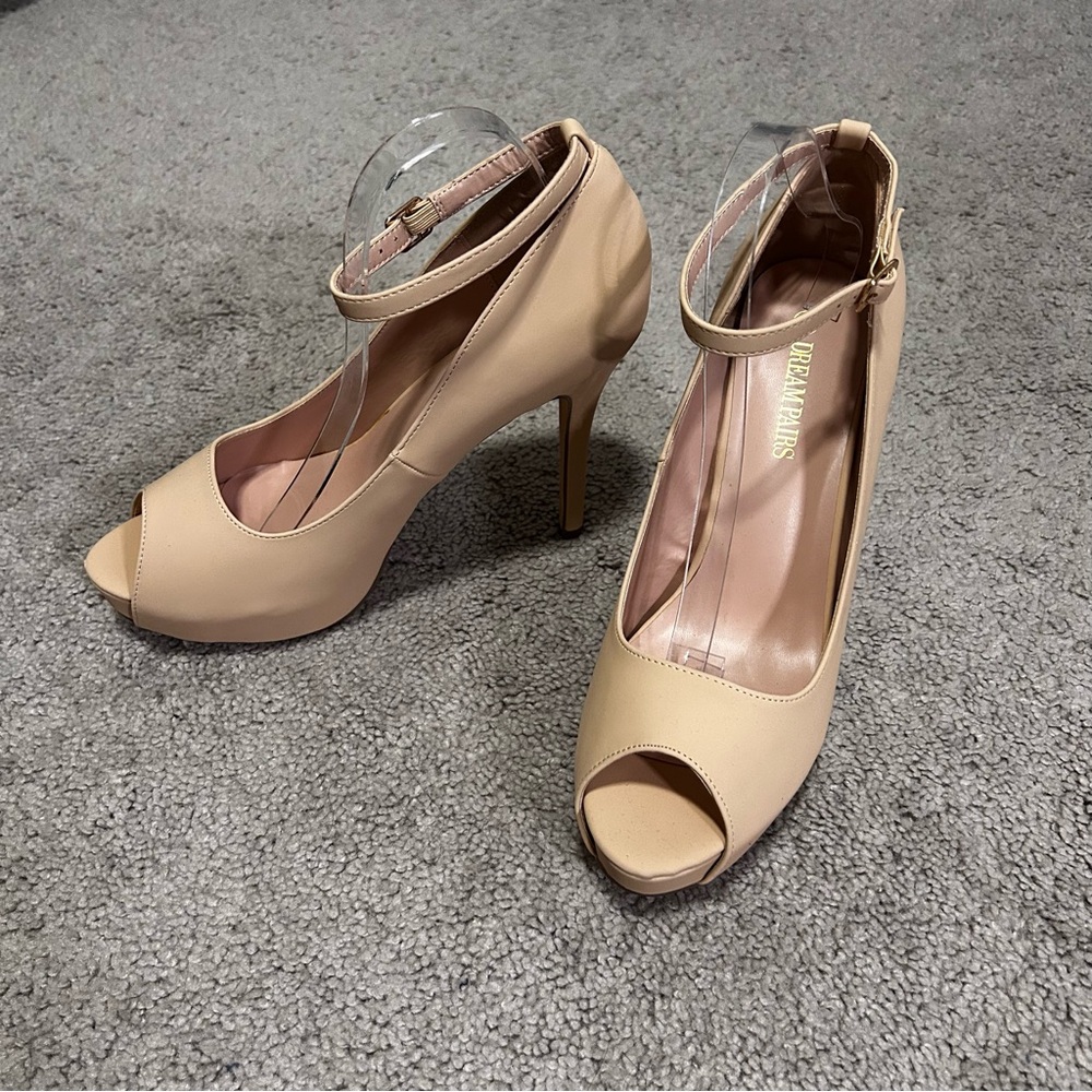 Nude Nubuck Peep-Toe Platform Heels with Ankle Straps